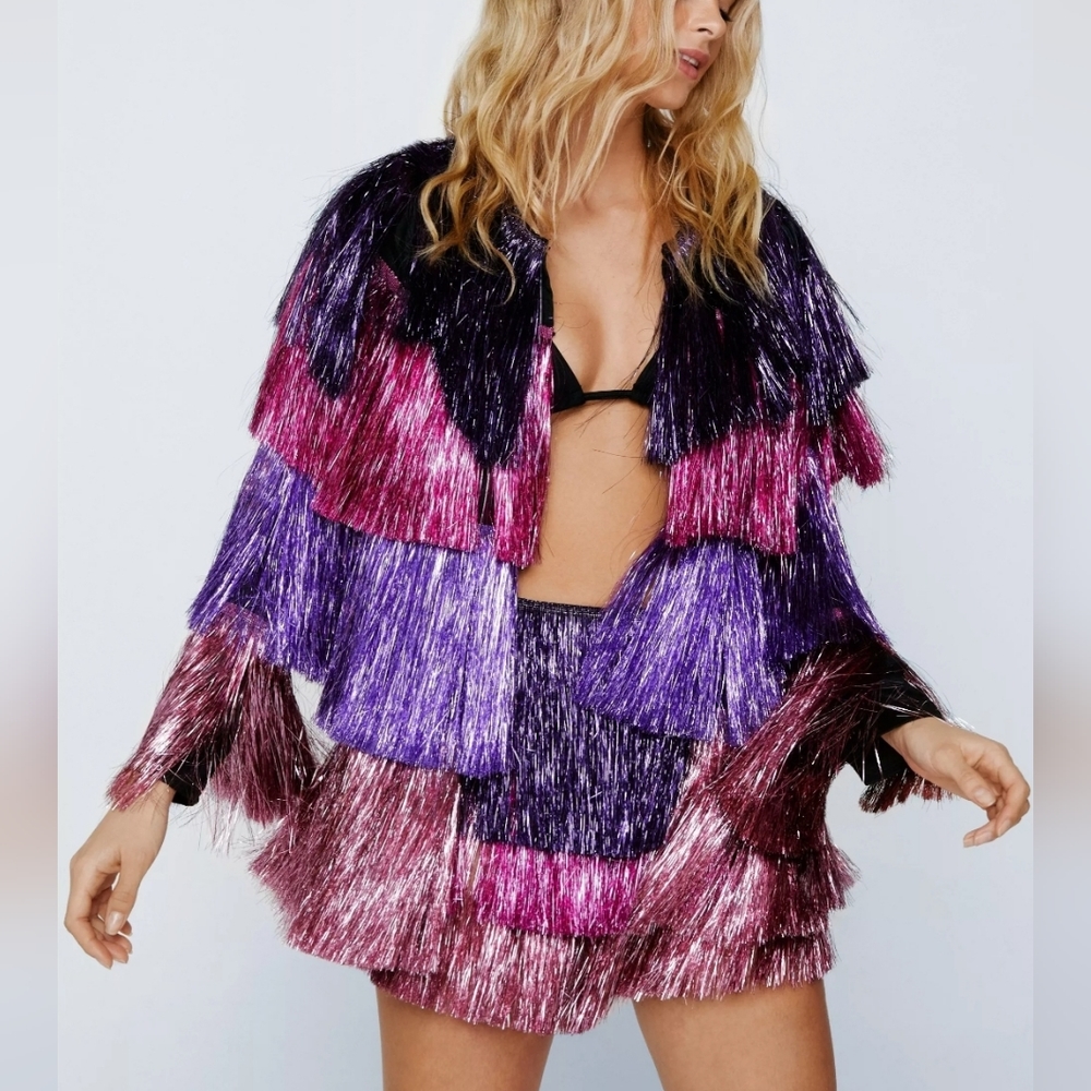 Nasty Gal Metallic Tiered Fringe Open Front Jacket